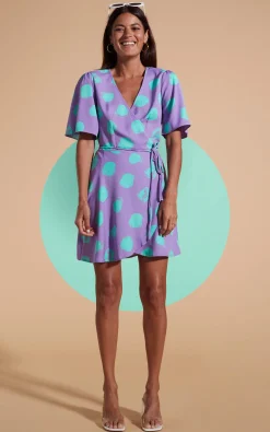 Women Dancing Leopard Rafferty Dress In Green On Purple Dot