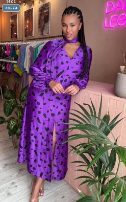 Women Dancing Leopard Remy Dress In Abstract Dot Black On Purple- Extended Sizing
