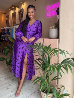Women Dancing Leopard Remy Dress In Abstract Dot Black On Purple- Extended Sizing