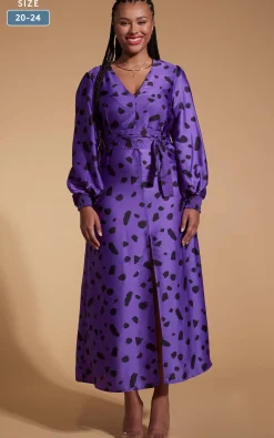 Women Dancing Leopard Remy Dress In Abstract Dot Black On Purple- Extended Sizing