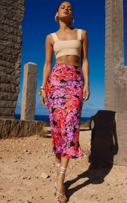Women Dancing Leopard Renzo Skirt In Red & Lilac Floral