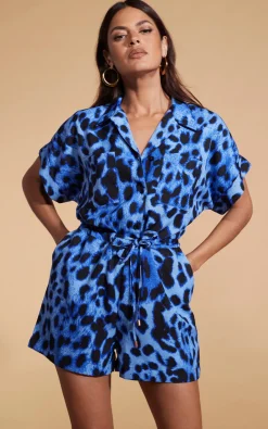 Women Dancing Leopard Rizzo Playsuit In Bright Blue Leopard