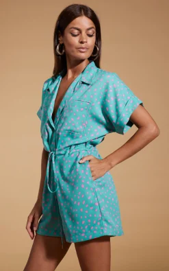 Women Dancing Leopard Rizzo Shirt Playsuit In Abstract Pink On Sea Green