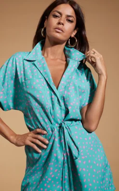 Women Dancing Leopard Rizzo Shirt Playsuit In Abstract Pink On Sea Green