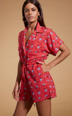 Women Dancing Leopard Rizzo Shirt Playsuit In Red Daisy