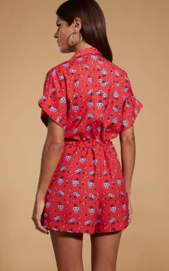 Women Dancing Leopard Rizzo Shirt Playsuit In Red Daisy