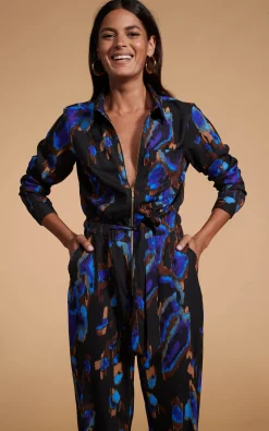 Women Dancing Leopard Roxanna Zip Jumpsuit In Camo Abstract Blue On Black