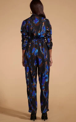 Women Dancing Leopard Roxanna Zip Jumpsuit In Camo Abstract Blue On Black