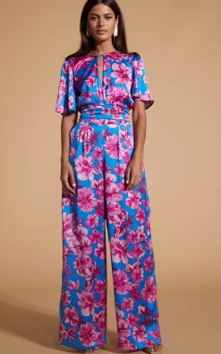 Women Dancing Leopard Savannah Jumpsuit In Pink On Blue Floral