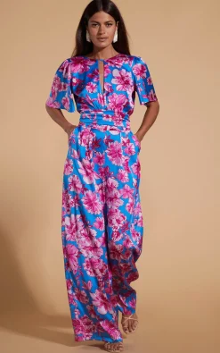 Women Dancing Leopard Savannah Jumpsuit In Pink On Blue Floral