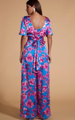 Women Dancing Leopard Savannah Jumpsuit In Pink On Blue Floral