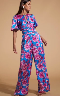 Women Dancing Leopard Savannah Jumpsuit In Pink On Blue Floral