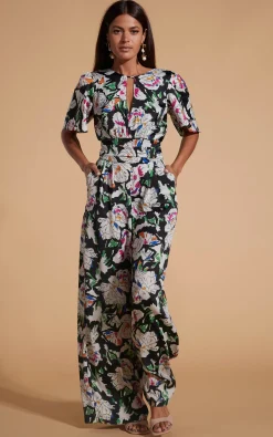 Women Dancing Leopard Savannah Jumpsuit In White On Black Floral