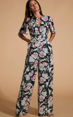 Women Dancing Leopard Savannah Jumpsuit In White On Black Floral