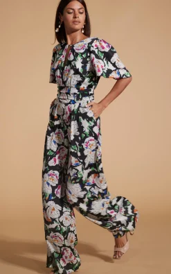 Women Dancing Leopard Savannah Jumpsuit In White On Black Floral