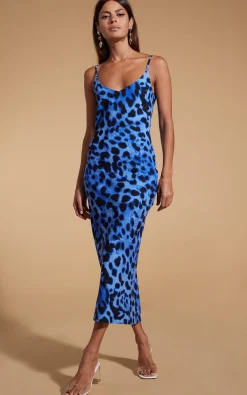 Women Dancing Leopard Sienna Midaxi Slip Dress In Bright Blue Leopard