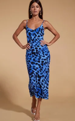 Women Dancing Leopard Sienna Midaxi Slip Dress In Bright Blue Leopard