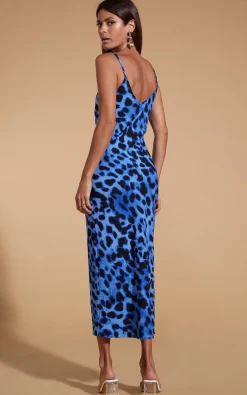 Women Dancing Leopard Sienna Midaxi Slip Dress In Bright Blue Leopard