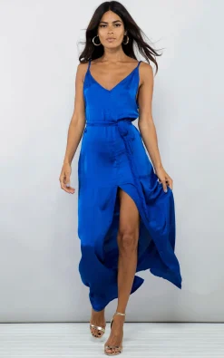 Women Dancing Leopard Split Leg Maxi Slip Dress In Cobalt Blue