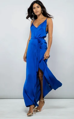 Women Dancing Leopard Split Leg Maxi Slip Dress In Cobalt Blue