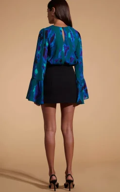 Women Dancing Leopard Suvi Flare Sleeve Top In Camo Abstract Blue On Green