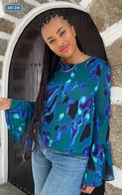 Women Dancing Leopard Suvi Flare Sleeve Top In Camo Abstract Blue On Green- Extended Sizing