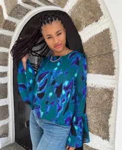 Women Dancing Leopard Suvi Flare Sleeve Top In Camo Abstract Blue On Green- Extended Sizing