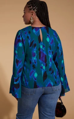 Women Dancing Leopard Suvi Flare Sleeve Top In Camo Abstract Blue On Green- Extended Sizing