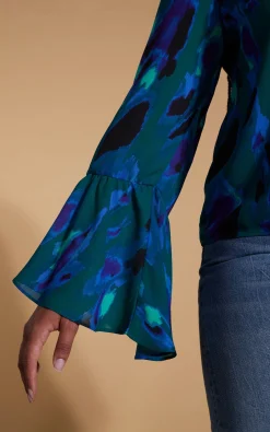 Women Dancing Leopard Suvi Flare Sleeve Top In Camo Abstract Blue On Green- Extended Sizing