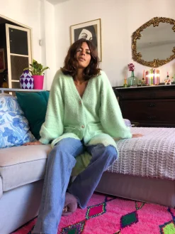 Women Dancing Leopard Taylor Longline Cardigan In Pastel Green