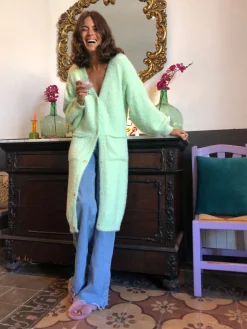 Women Dancing Leopard Taylor Longline Cardigan In Pastel Green