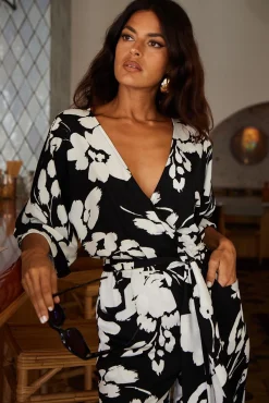 Women Dancing Leopard Winona Kimono Jumpsuit In White On Black Floral