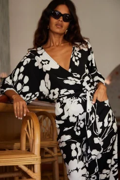 Women Dancing Leopard Winona Kimono Jumpsuit In White On Black Floral