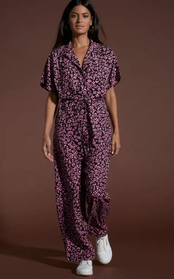Women Dancing Leopard Zeta Jumpsuit In Pink On Black Leopard