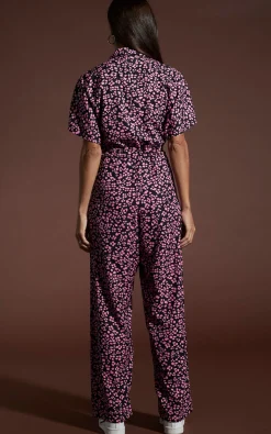 Women Dancing Leopard Zeta Jumpsuit In Pink On Black Leopard